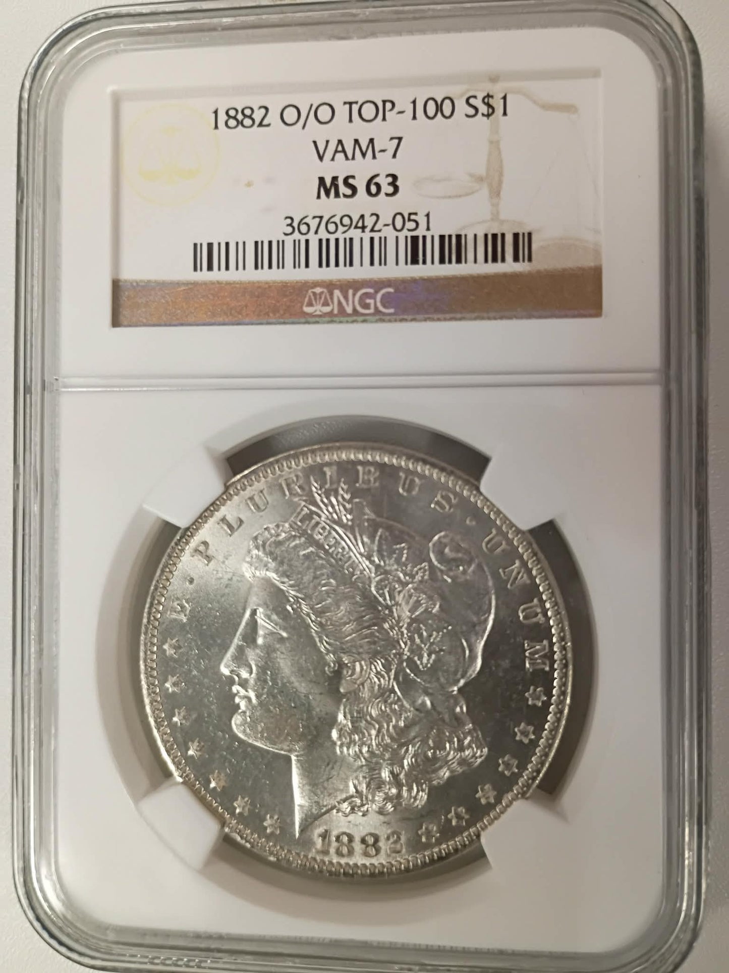 1882-O/O Morgan Silver Dollar | NGC MS63 | VAM-7 Top-100 Variety | Doubled Mint Mark | New Orleans Mint | Cert #3676942-051
