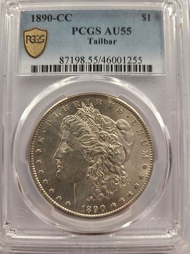 1890-CC Morgan Silver Dollar | PCGS AU55 | Tailbar Variety | Carson City Mint | Cert #46001255