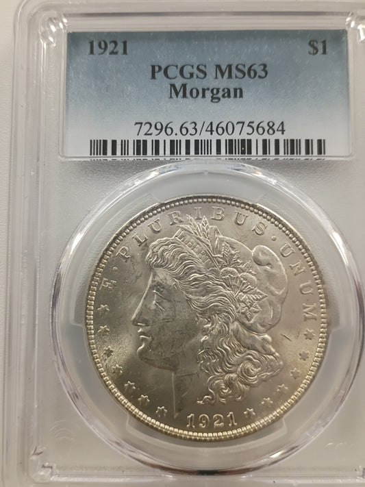 1921 Morgan Silver Dollar | PCGS MS63 | Philadelphia Mint | Cert #46075684