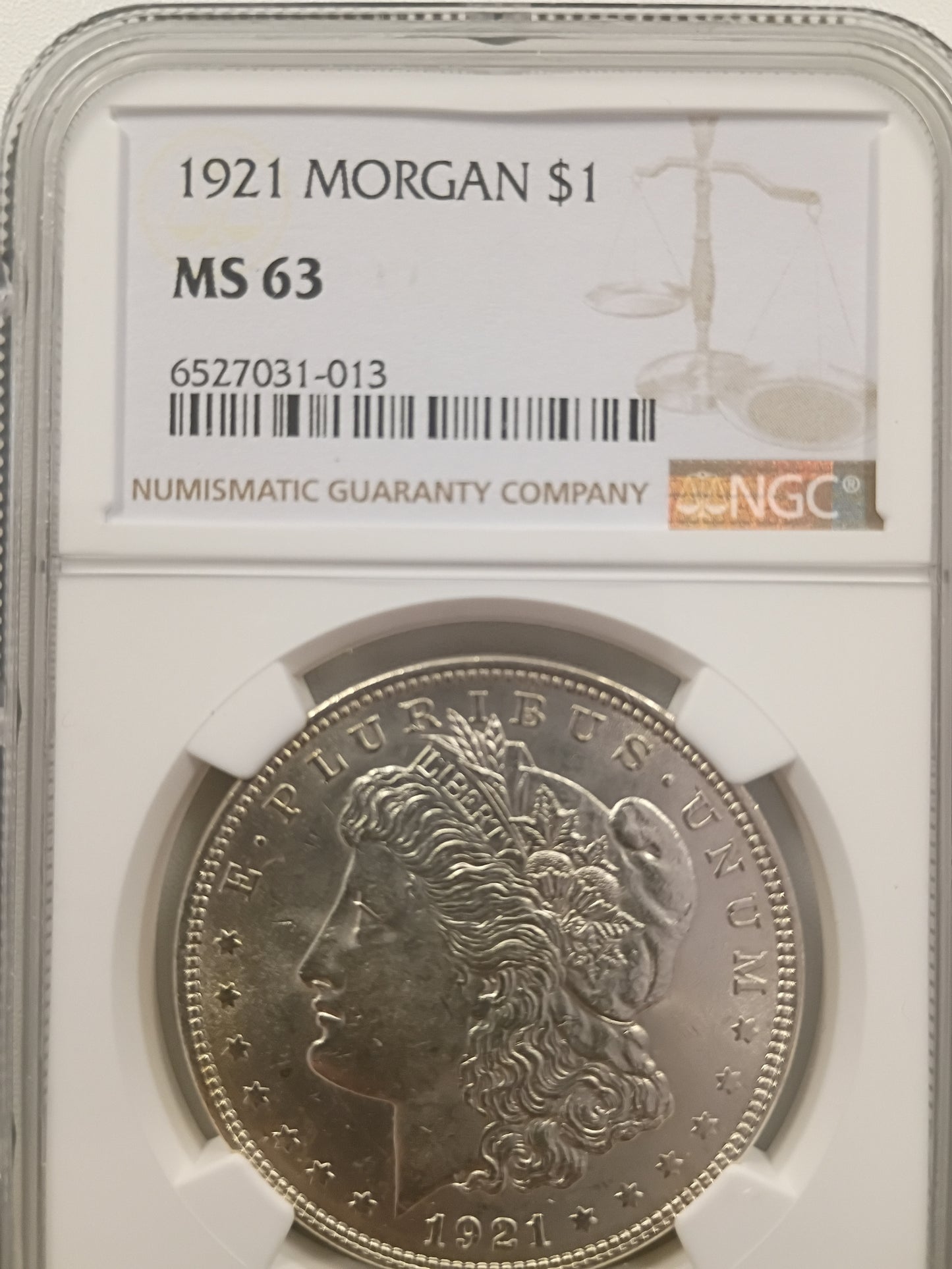 1921 Morgan Silver Dollar | NGC MS63 | Philadelphia Mint | Cert #6527031-013