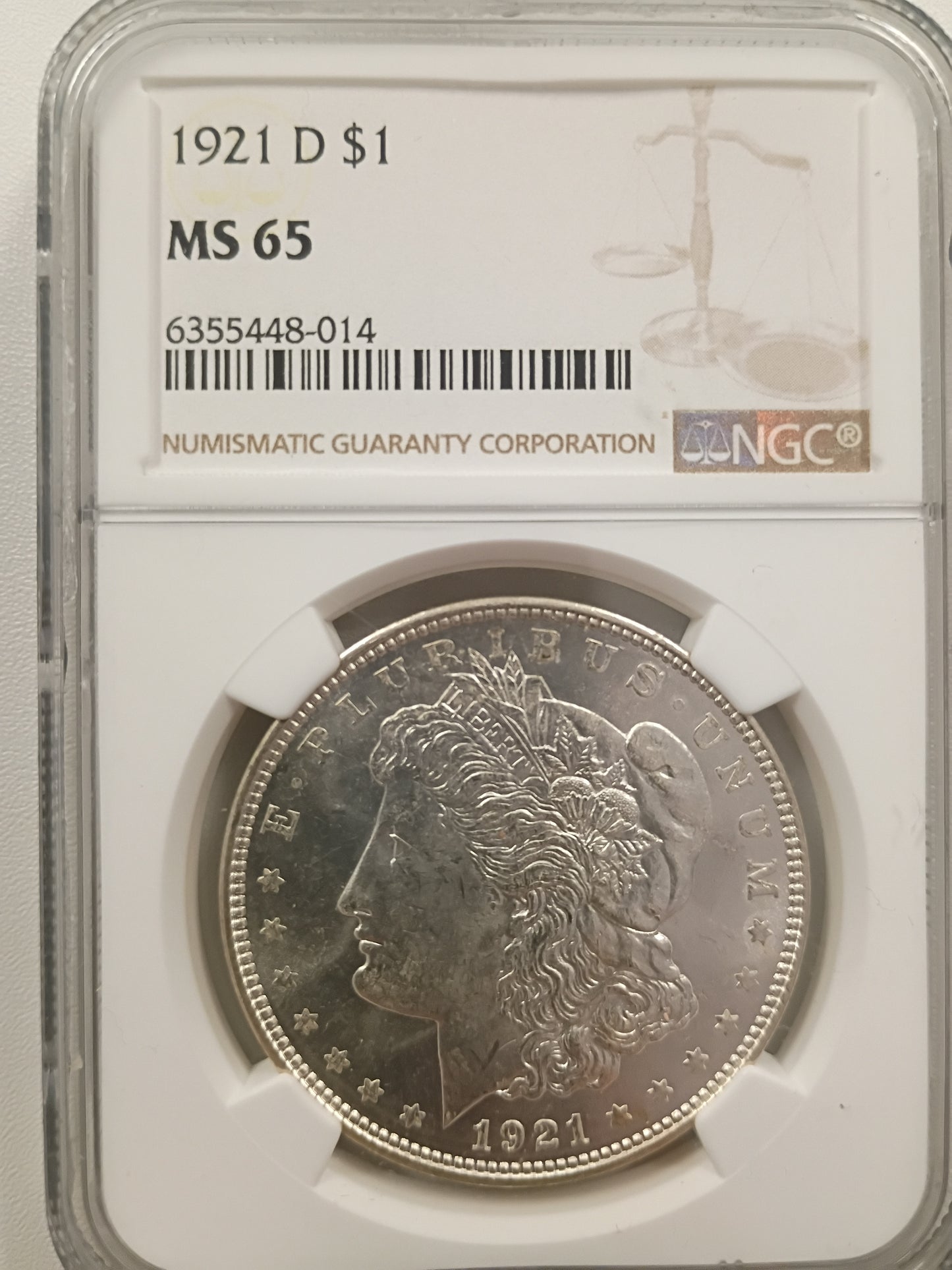 1921-D Morgan Silver Dollar | NGC MS65 | Denver Mint | Cert #6355448-014