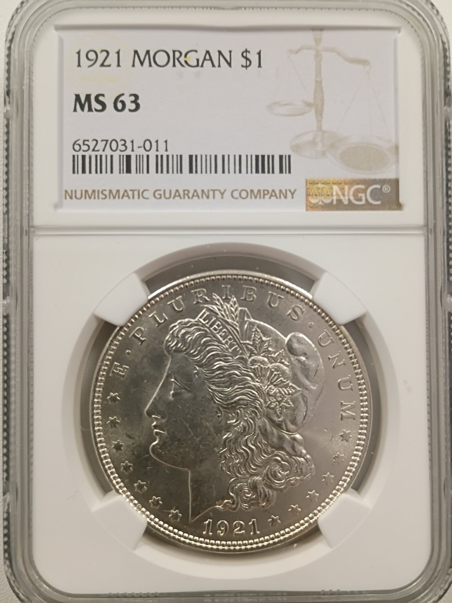 1921 Morgan Silver Dollar | NGC MS63 | Philadelphia Mint | Cert #6527031-011