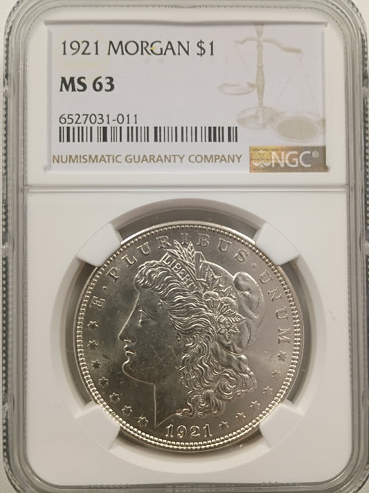 1921 Morgan Silver Dollar | NGC MS63 | Philadelphia Mint | Cert #6527031-011