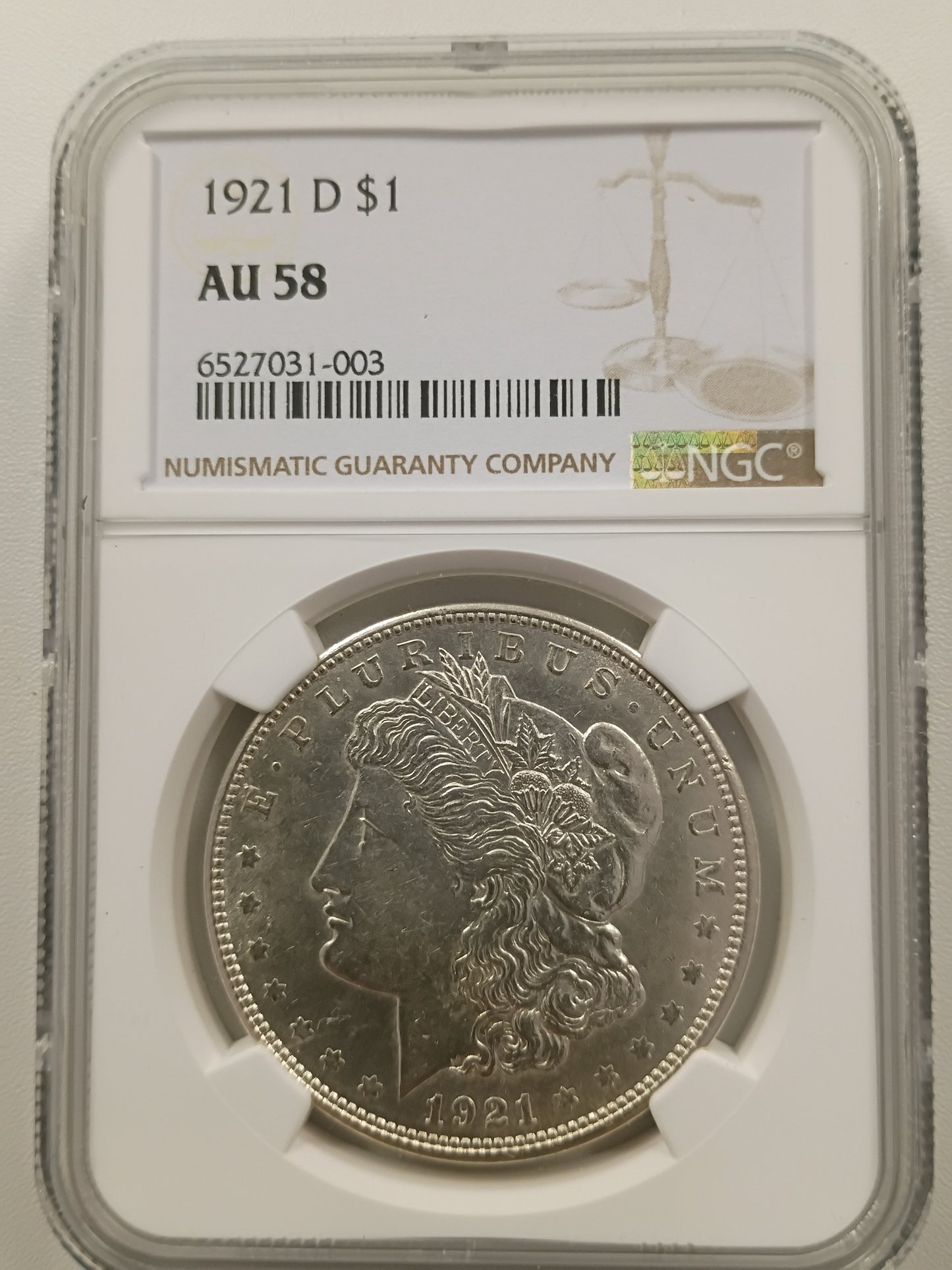 1921-D Morgan Silver Dollar | NGC AU58 | Denver Mint | Cert #6527031-003