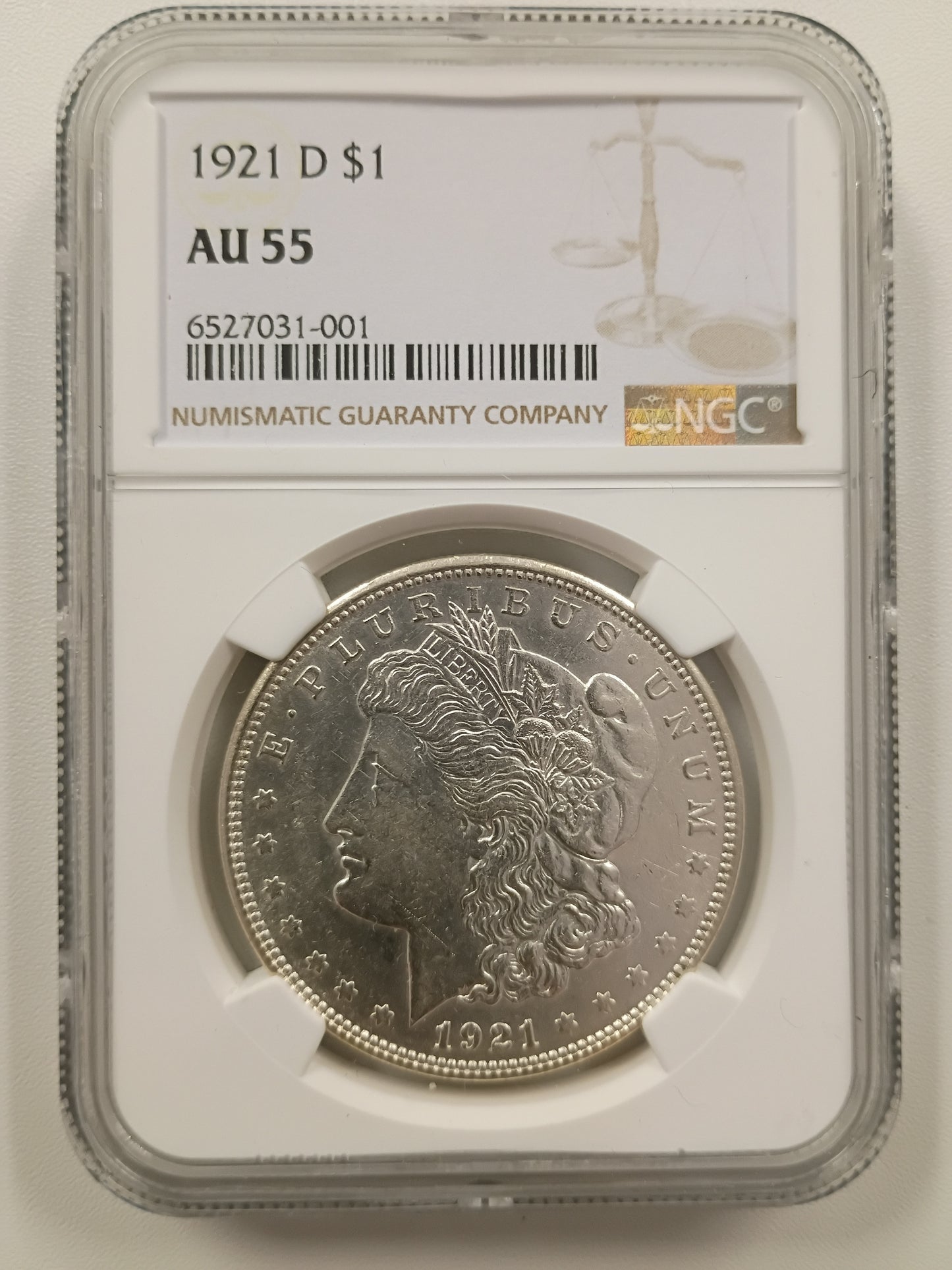 1921-D Morgan Silver Dollar | NGC AU55 | Denver Mint | Cert #6527031-001