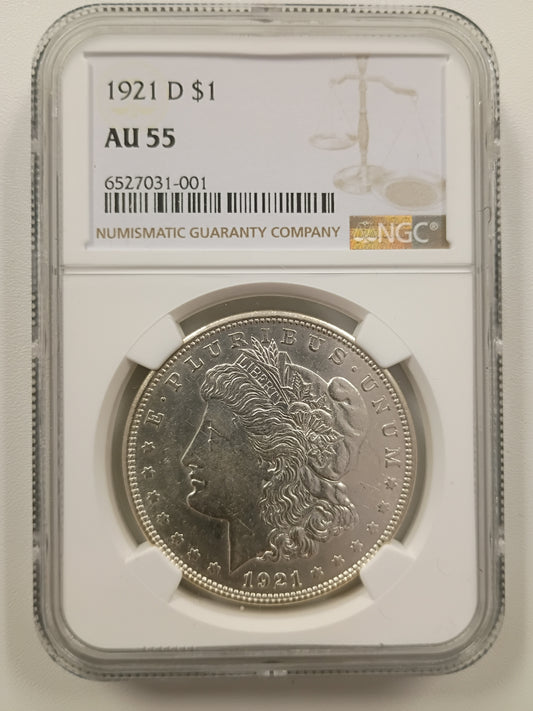 1921-D Morgan Silver Dollar | NGC AU55 | Denver Mint | Cert #6527031-001