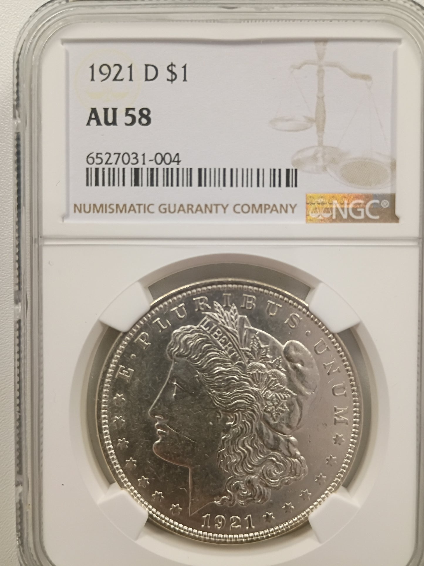 1921-D Morgan Silver Dollar | NGC AU58 | Denver Mint | Cert #6527031-004