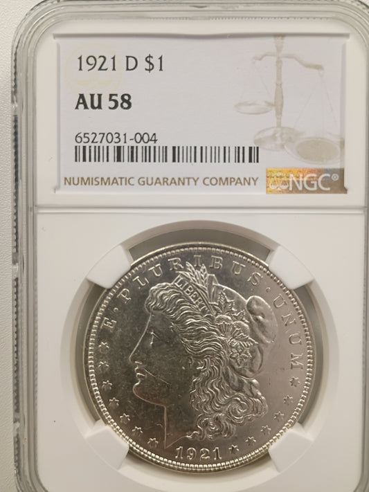 1921-D Morgan Silver Dollar | NGC AU58 | Denver Mint | Cert #6527031-004