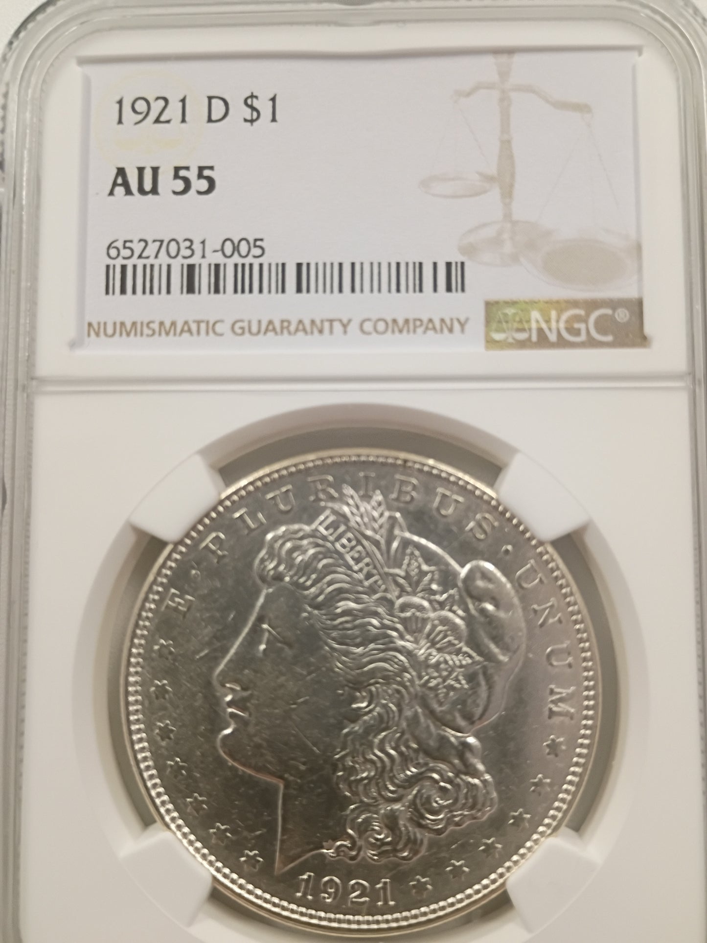 1921-D Morgan Silver Dollar | NGC AU55 | Denver Mint | Cert #6527031-005