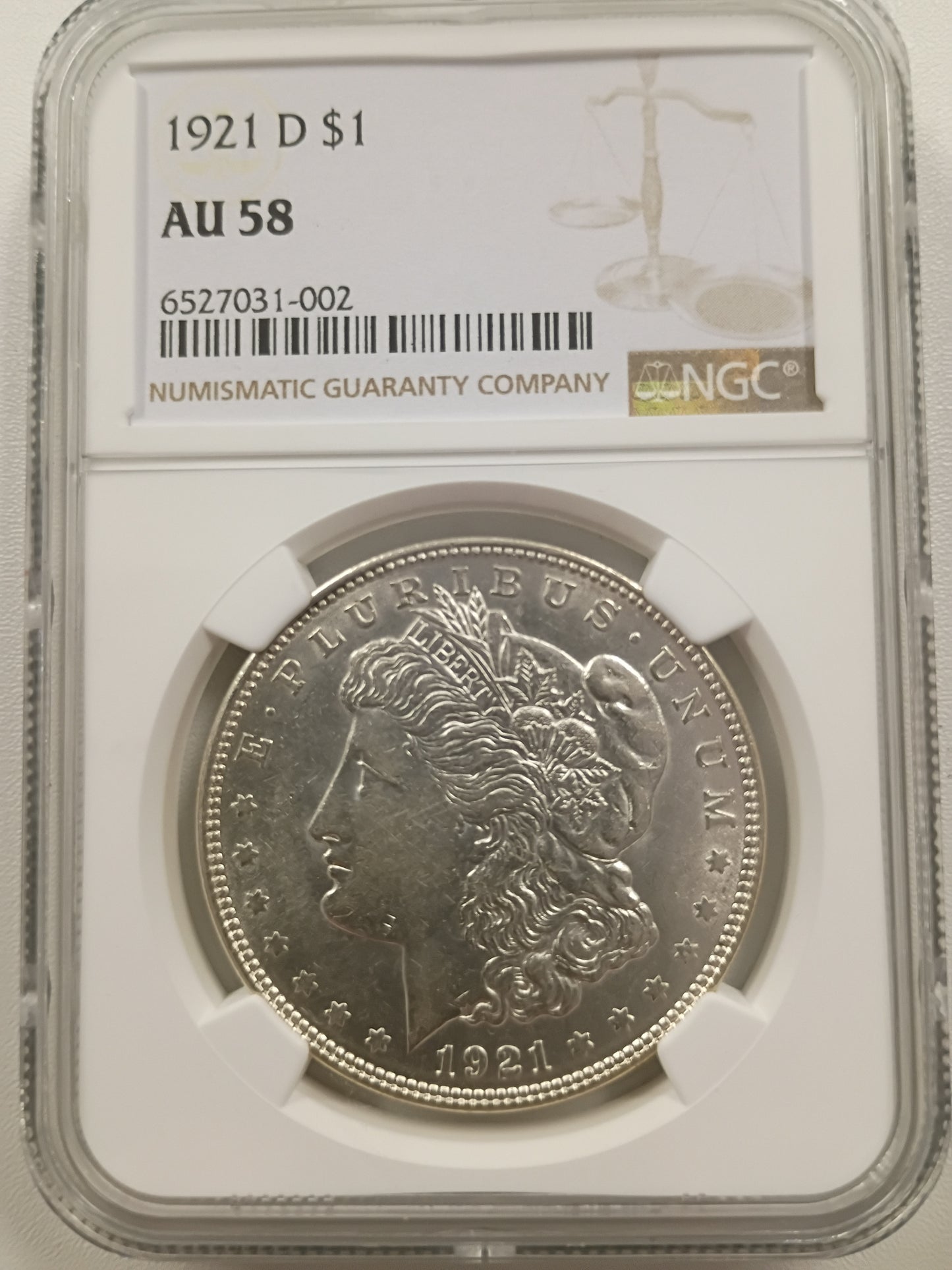 1921-D Morgan Silver Dollar | NGC AU58 | Denver Mint | Cert #6527031-002