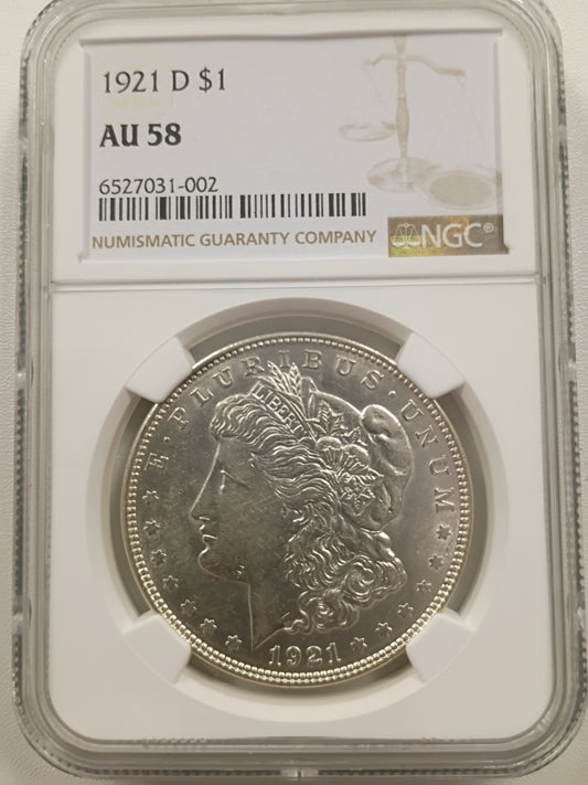 1921-D Morgan Silver Dollar | NGC AU58 | Denver Mint | Cert #6527031-002