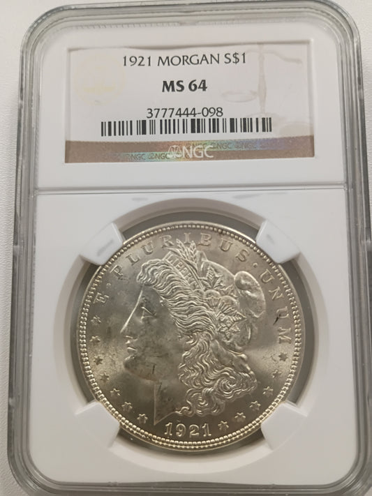 1921 Morgan Silver Dollar | NGC MS64 | Philadelphia Mint | Cert #3777444-098