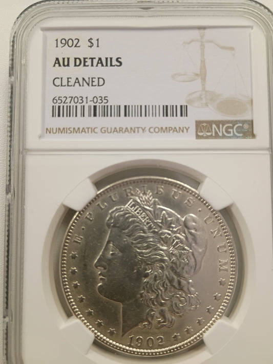 1902 Morgan Silver Dollar | NGC AU Details – Cleaned | Certified | Cert #6527031-035