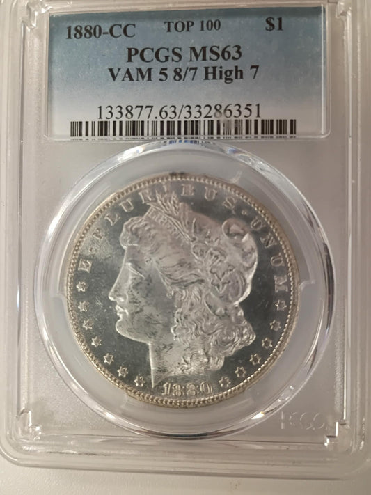 1880-CC Morgan Silver Dollar | PCGS MS63 | VAM-5 8/7 “High 7” | Top-100 Variety | Carson City Mint | Cert #33286351