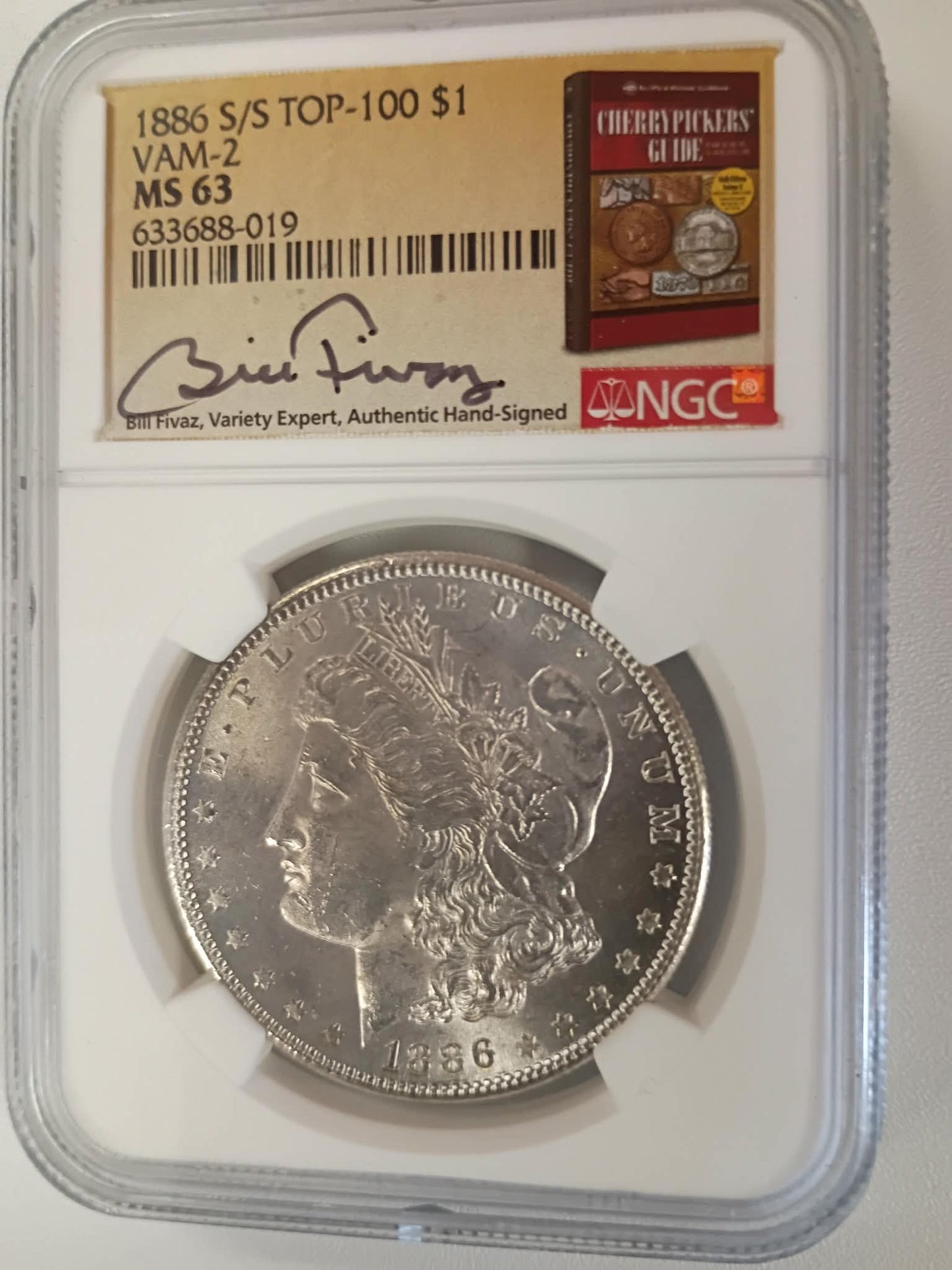 1886-S Morgan Silver Dollar | NGC MS63 | VAM-2 Top-100 Variety | San Francisco Mint | Bill Fivaz Signed Label | Cert #633688-019
