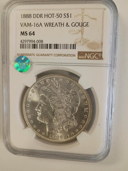 1888 Morgan Silver Dollar | NGC MS64 | VAM-16A DDR “Hot-50” | Wreath & Gouge Variety | Philadelphia Mint | Cert #4297994-008