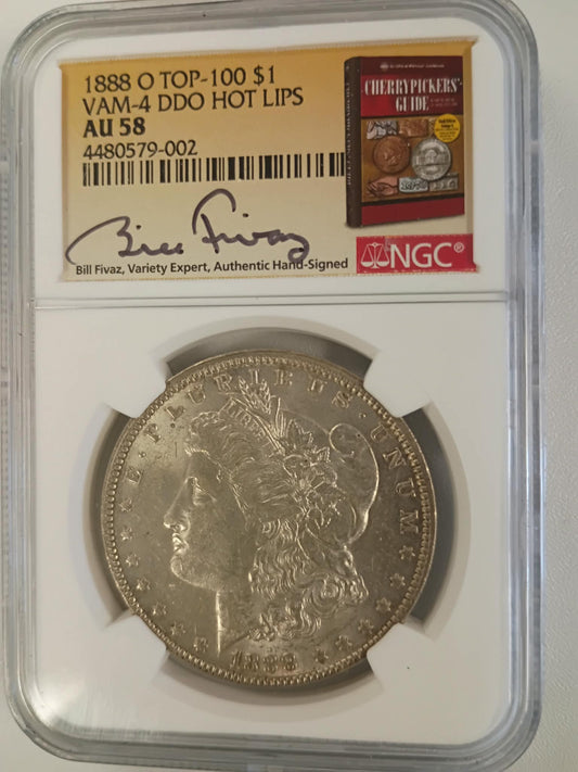 1888-O Morgan Silver Dollar | NGC AU58 | VAM-4 DDO “Hot Lips” | Top-100 Variety | New Orleans Mint | Signed Label | Cert #4480579-002