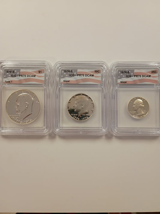 3 COIN PROFF SET 1776-1976 BI-CENTENNIAL SILVER SET PR-70 DCAM