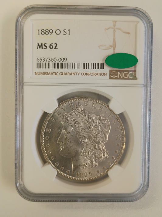 1889 O MORGAN DOLLAR MS-62 CAC STICKERED NGC