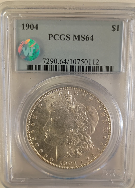 1904 P MORGAN DOLLAR PCGS MS-64 SIGHT WHITE STICKERED