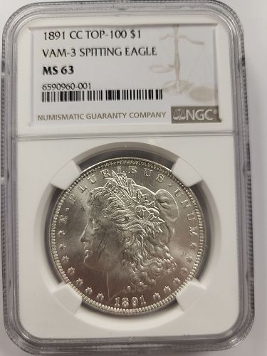 1891-CC Morgan Silver Dollar | NGC MS63 | VAM-3 “Spitting Eagle” | Top-100 Variety | Carson City Mint | Cert #6590960-001