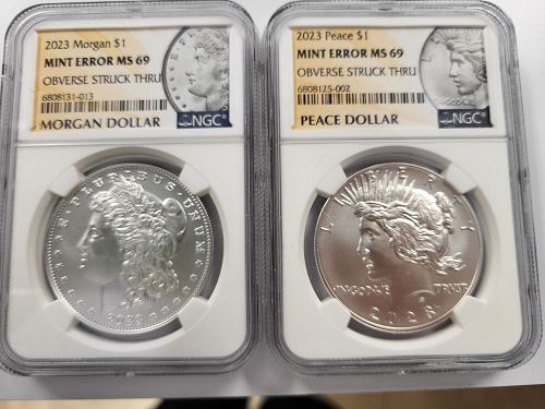 2023 Morgan & Peace Dollar Error Set | NGC MS69 | Obverse Struck Through Mint Errors | 2-Coin Silver Dollar Bundle