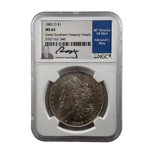 1882-O Morgan Silver Dollar | NGC MS63 | Cert #5767162-346 | Great Southern Treasury Hoard | Moy Signed