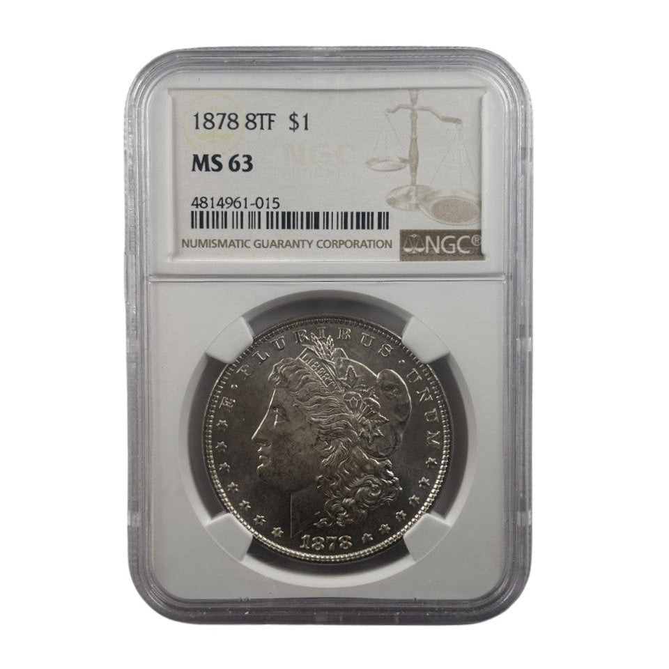 1878 Morgan Silver Dollar | NGC MS63 | Eight Tail Feathers | Philadelphia Mint | Cert #4814961-015